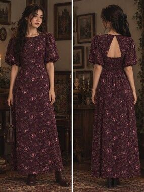 Floral Maxi Dress Puff Sleeve Cutout Split Medium Petite Burgundy Whimsigoth